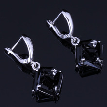 Rare Quadrilateral Black Cubic Zirconia Silver Plated Drop Dangle Earrings V1015 2024 - buy cheap