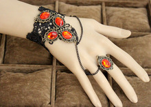 Gothic Black Lace Bracelet Ring Hand Chain Connected  Vintage Acrylic Ring Jewelry Set 2024 - buy cheap