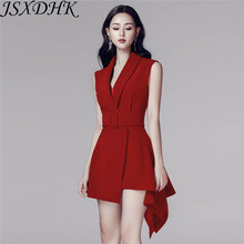 JSXDHK Business Summer Red Dress 2020 Fashion Women Sleeveless Notched Collar Irregula Party Dress Office OL Slim Formal Dress 2024 - buy cheap