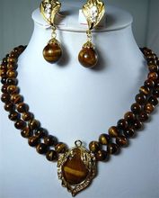 huij 004012 Luxurious 2 Row 8mm Natural Tiger Eye Stone Necklace Pendant Clip Earrings Set 2024 - buy cheap