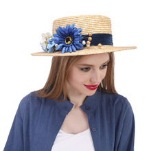 Chapéu de sol feminino, chapéu de sol da moda, palha de trigo, chapéu de praia plano para o verão com flor azul, tamanho 56-58cm 2024 - compre barato