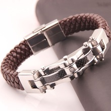 High Quality Men's Jewelry Brown Genuine Leather Braided Wrap Wristband Stainless Steel Silver Color Bracelet Bangle 8.66"*12mm 2024 - buy cheap