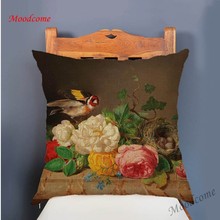 Capa de almofada decorativa para flores europeias, arte em vaso de flores e pássaros, pintura a óleo, sofá de algodão, fronhas de linho 2024 - compre barato