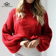 Bella Philosophy 2018 Winter Casual Women Sweater Solid Turtleneck Female Clothes Full Lantern Sleeve Office Lady Pullovers 2024 - buy cheap
