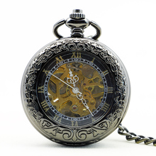 Vintage Black Glass Roman Number Carving Hand Wind Mechanical Pocket Watch Skeleton Steampunk Luxury Pendant Chain Gifts 2024 - buy cheap
