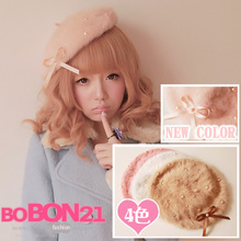 Bobon21 Sweet lolita princess royal gentlewoman  high quality plush rabbit fur pearl bow painter cap beret ac0737 2024 - buy cheap
