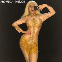 Women Sexy Stage Skin Color Bodysuit Gold Tassel Sparkling Crystals Jumpsuit Nightclub Party Stage Wear Dancer Singer Bodysuit 2024 - buy cheap