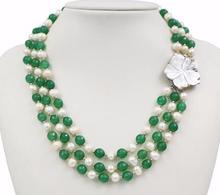 New Fashion Natural Freshwater 3 Rows White 7-8mm Pearl Green Jade Necklace Shell Flower Clasp 17"18"19" 2024 - buy cheap