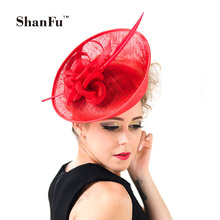 ShanFu Женская мода Sagittate перо Вуалетка Sinamay Свадебная шляпа с повязкой на голову элегантные аксессуары для волос Королевский синий SFC12389 2024 - купить недорого