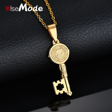 ELSEMODE Retro 316L Stainless Steel Amulet Necklace Gold Saint Benedict Key Pendant Necklaces Catholic Jewelry for Women Men 2024 - buy cheap