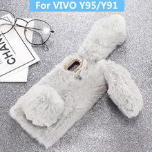 Plush Bunny Case for VIVO Y95 Y91 Soft Fur Cute 3D Rabbit Ears TPU Diamond Fluffy Phone Case Cover for VIVO Y91 Y95 2024 - buy cheap