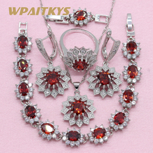 2018 Exquisite Flower Shaped Red Cubic Zirconia Silver Color Jewelry Sets For Women Party Earring Pendant Necklace Ring Bracelet 2024 - buy cheap