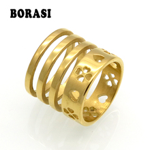 Hot Sale Top Quality Stainless Steel Heart Clover Hollowing Craft Gold Color Ring Fashion Jewelry Full Sizes Wholesale 2024 - buy cheap