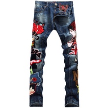 Новые модные брендовые европейские хлопковые Лоскутные мужские джинсовые брюки в американском стиле красочные джинсы Роскошные тонкие прямые джинсы 597 # 2024 - купить недорого