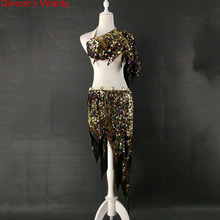 Personalizado dança do ventre prática roupas lantejoulas sutiã de ombro único saia curta oriental indiano dança wear desempenho traje 2024 - compre barato