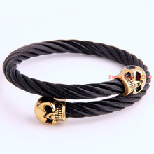 New Fashion 316L Stainless steel High Quality Mens Gold Black 6mm Wide Skull Heads End Open Cuff Bracelet Bangle Top Design Gift 2024 - buy cheap