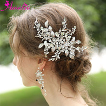 Wedding Jewelry Rhinestone Headpiece Flower and Leaf Hair Clip and Earring For Bridal Women Barrette Hair Grips Earrings 2024 - buy cheap