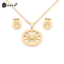 Qiao La Gold Stainless Steel Round Pendant Necklace&Earrings Simple Female Long Chain Necklace Flower Cheap Collier Jewelry Sets 2024 - buy cheap