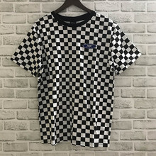 Camiseta xadrez de algodão feminina, camiseta para homens e mulheres, manga curta, gola redonda, bordado, preto e branco, camisetas para homens e mulheres 2024 - compre barato