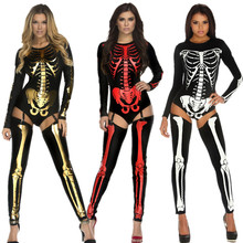 Halloween Scary Cosplay Costumes for Women Skull Skeleton Bodysuit Carnival Party Clothing Skull Dress Jumpsuit 2024 - buy cheap