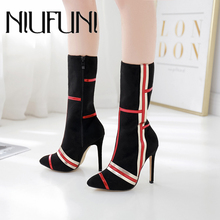 NIUFUNI 2019 New Autumn Women Boots Mixed Colors Pointed High Heels Mid-Calf Botas Mujer Sexy Lady Stilettos Women Shoes 2024 - buy cheap