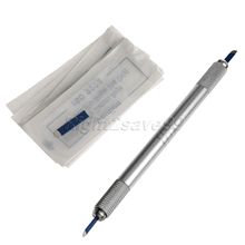 Double Head Manual Tattoo Pen + 10PCS 18 Pin Blade Blue Needles 3D Permanent Makeup Eyebrow Dual-head 18P Kits Microblading 2024 - buy cheap