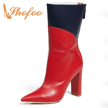 Red Mixed Colors PVC Pointed Toe High Chunky Heels Mid-Calf Boots Woman Large Size 11 14 Zipper For Ladies Spring Shoes Novelty 2024 - buy cheap
