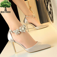 BIGTREE-zapatos de boda con hebilla de cristal para mujer, zapatos de tacón alto con punta fina, de color liso 2024 - compra barato