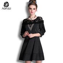 size-5XL Women Striped Casual Dress For Spring Three-quarter Sleeves Sexy Lace shoulder A-line Dress Plus Size AOFULI B2927 2024 - buy cheap