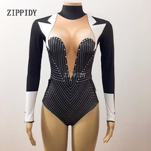 Sexy preto estágio bodysuit professor smoking traje bling strass collant outfit festa celebrar vestir cantor desempenho 2024 - compre barato