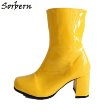 Sorbern Shiny Bright Yellow Ankle Boots For Women Square Toe Chunky Heeled Shoes Ladies Custom Colors Side Zipper Ladies Boots 2024 - buy cheap