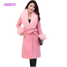 Korean Womens New Autumn Winter Woolen Jacket Coats Plus size Bow belt Warm Wool cloth Outerwear Fox fur collar Female Coats B92 2024 - buy cheap