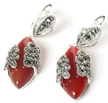 VINTAGE 11/2" NATURAL RED Natural Stone MARCASITE Tibetan Silvers EARRINGS 2024 - buy cheap