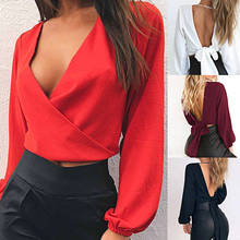 2018 Spring Sexy Deep V Neck Backless Women Blouse Bow Tie Short Summer Chiffon Shirt Female Long Sleeve Night Club Party Tops 2024 - buy cheap