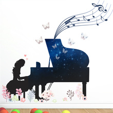 A Girl Playing Piano With Flowesr Butterfly Wall Stickers For Kids Room Home Decoration Music Theme Mural Art Pvc Decal Poster 2024 - buy cheap