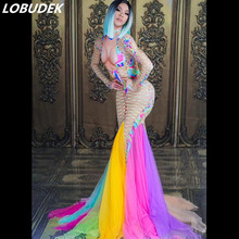 Fashion Colorful Mesh Bandage Printed Long Dress Big Elastic Crystals Trailing Dress Prom Singer Bar Party Celebration Costume 2024 - buy cheap