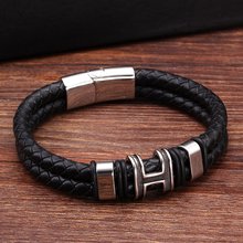 Pulseira masculina de couro legítimo, bracelete esportivo punk trançado à mão de aço inoxidável com corrente 2024 - compre barato