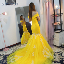 WY03 Yellow Satin Off the Shoulder  Robe De Soiree  Mermaid Evening Dress 2018 Floral Print Formal Dress 2024 - buy cheap