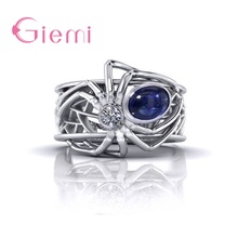 Женское кольцо в виде паука, оригинальное кольцо из стерлингового серебра 925 пробы с синими Австрийскими кристаллами в стиле панк, для коктейлей, на свадьбу 2024 - купить недорого