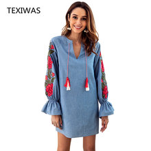 TEXIWAS-vestido de tela vaquera de alta calidad para mujer, elegante Vestido vaquero informal, suelto, bordado floral, primavera y otoño 2024 - compra barato