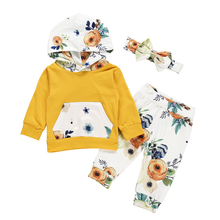 0-24M New Infant Baby Girl Boys Clothes Sets 3pcs Flowers Print Long Sleeve Hooded Tops+Pants+Headband 2024 - buy cheap
