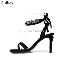 Hot Sale Crystal Beading Peep Toe Black Woman Leather Sandals High Heels Back Lace Up Ladies Party Dress Shoes Zapatos Mujer 2024 - buy cheap