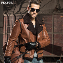 Men's Genuine Leather pigskin motorcycle real leather jackets with faux fur shearling aviator bomber jacket winter coat men 2024 - buy cheap