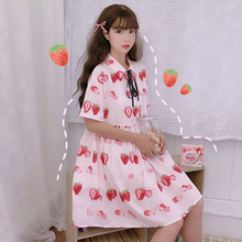 Summer 2019 Women's Japanese Tens Girls Fresh Sweet Cute Turn-down Collar Strawberry Print Dress Student Casual Lolita Dress 2024 - buy cheap