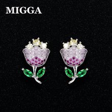 MIGGA изящные серьги-гвоздики в виде цветка тюльпана из фианита Mulicolor, модные подарочные вечерние шения для женщин и девушек 2024 - купить недорого