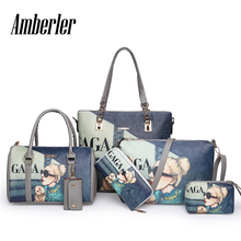 Amberler High Quality PU Leather Women Handbags 6 Pieces Set Printed Shoulder Bag Ladies Crossbody Bags Large Capacity Tote Bags 2024 - buy cheap