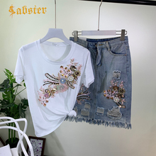 2019 Women Sequined 3D Flower Cotton Tshirts +  Denim Skirt 2PCS Clothing Sets Casual Mid Calf Skirts Suits XZ047 2024 - buy cheap