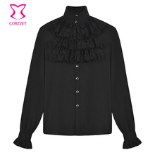 Black Layered Lace Ruffle Stand Collar Lantern Sleeve Gothic Shirt Vintage Medieval Cosplay Steampunk Clothing Men Victorian Top 2024 - buy cheap