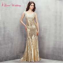 New Sparking Beading Evening Dresses Sleeveless V-neck Golden Sequined Mermaid Sweep Train Long Women Formal Evening Gowns 2024 - buy cheap
