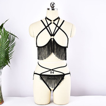 Arnés gótico negro con borlas para Bondage, conjunto de ropa fetiche, Tops, arnés para cuerpo, sujetador Harajuku, bragas, G-string 2024 - compra barato